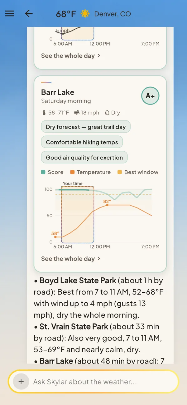 A Skylar chat answer about hiking near Boulder on Saturday morning: Barr Lake gets an A+, dry, 58 to 71 degrees, with a chart of the best window.