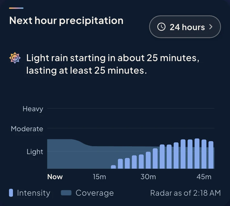 Skylar's next-hour chart: light rain building from about 18 minutes, drawn as bars over the shaded coverage of rain around you.