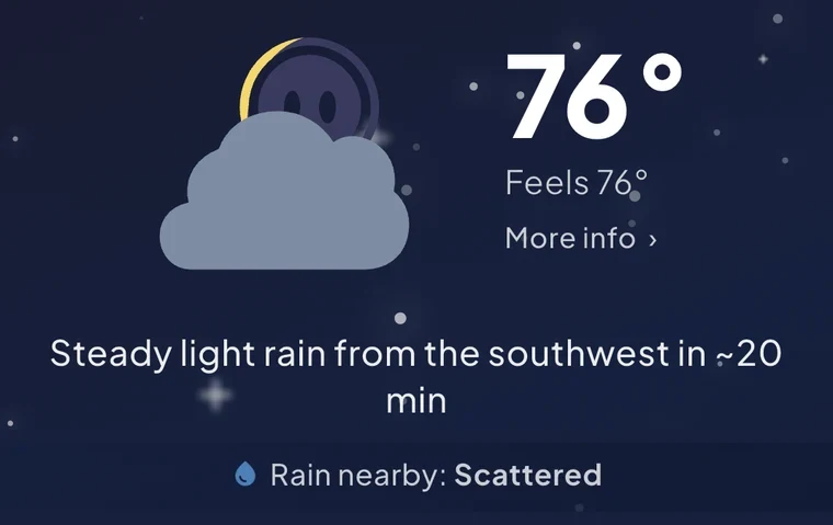 Skylar's home screen at night in Yeehaw Junction, Florida: 76 degrees, steady light rain from the southwest in about 20 minutes, and rain nearby: scattered.