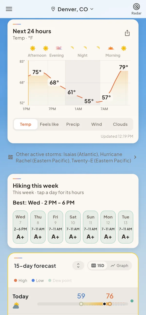 The Skylar home screen scrolled down: a next-24-hours temperature chart and a Hiking this week card with a grade and best hours for each day.