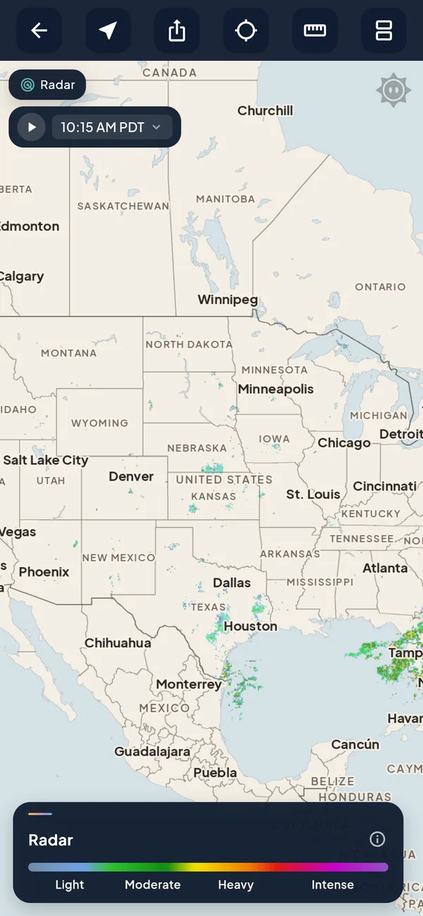 The Skylar radar map of the central US with a light-to-intense legend.