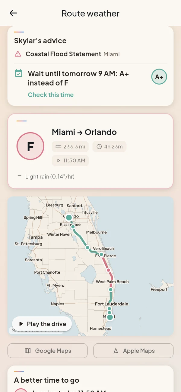 The Skylar route weather screen: Miami to Orlando, grade F for an 11:50 AM departure because of torrential rain, Skylar&rsquo;s advice to wait until tomorrow at 9 AM for an A+, and the route map with the rough stretch in red.