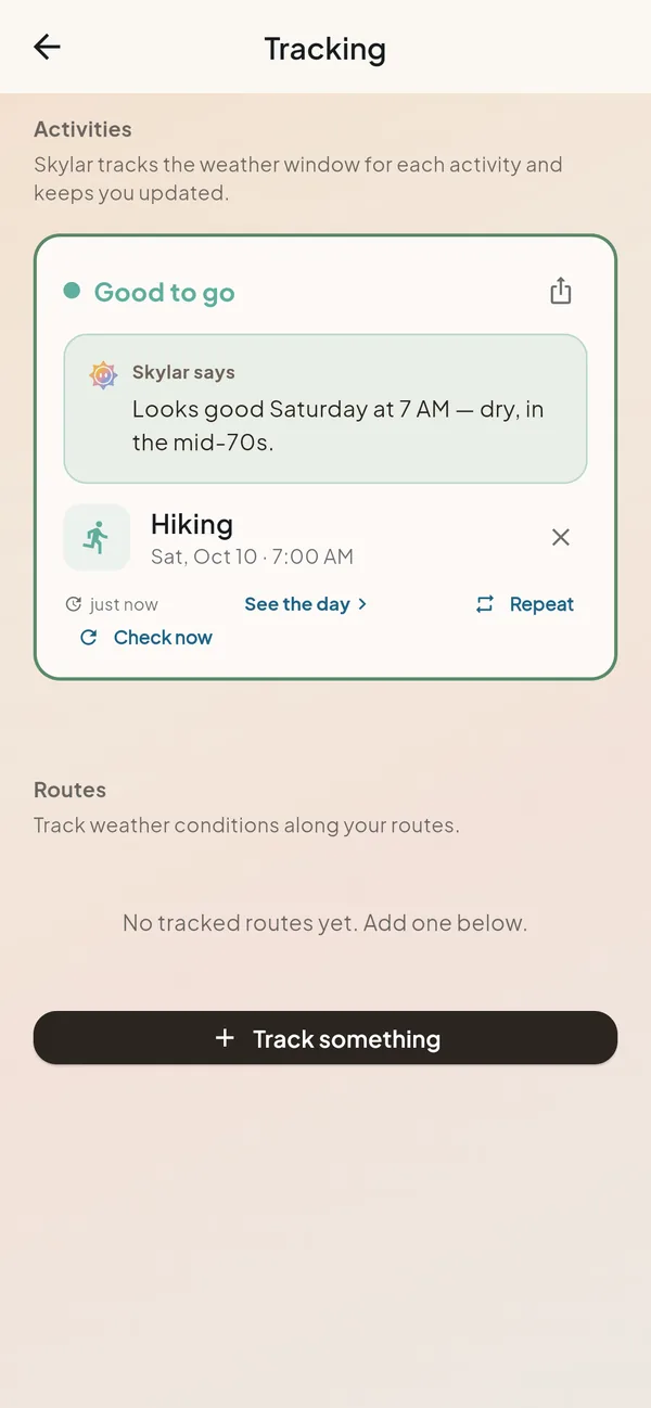 The Skylar tracking screen with a hike tracked for Saturday at 7 AM: good to go, and Skylar says it looks good Saturday at 7 AM, dry, in the mid-70s.