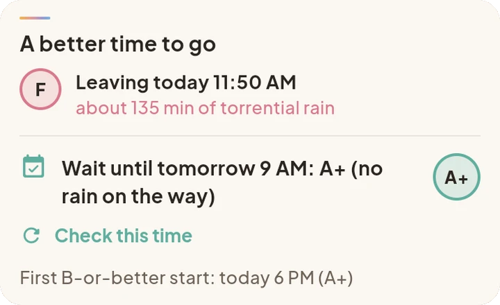 A better time to go: leaving today at 11:50 AM grades F with about 135 minutes of torrential rain; waiting until tomorrow at 9 AM grades A+ with no rain on the way.